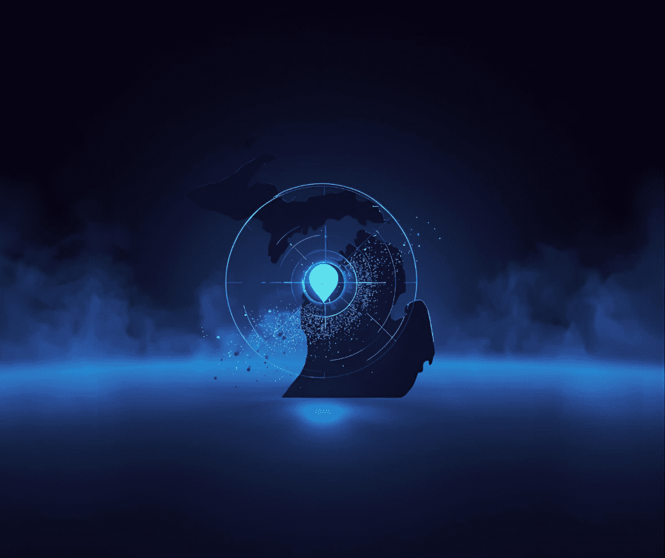 Glowing globe with location pin representing local SEO services Michigan contractors — Agile Solutions