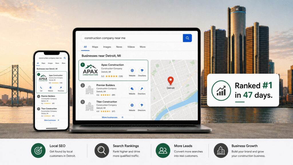 Detroit digital marketing agency results showing top Google ranking for service business in the Maps 3-pack