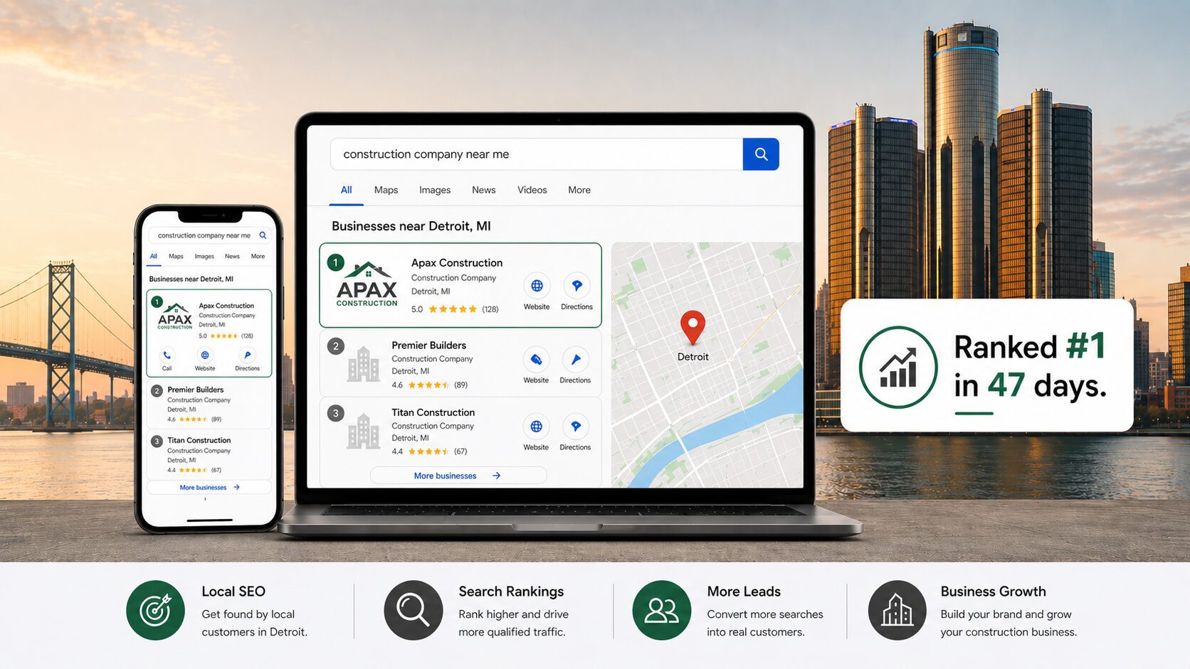 Detroit digital marketing agency results showing top Google ranking for service business in the Maps 3-pack