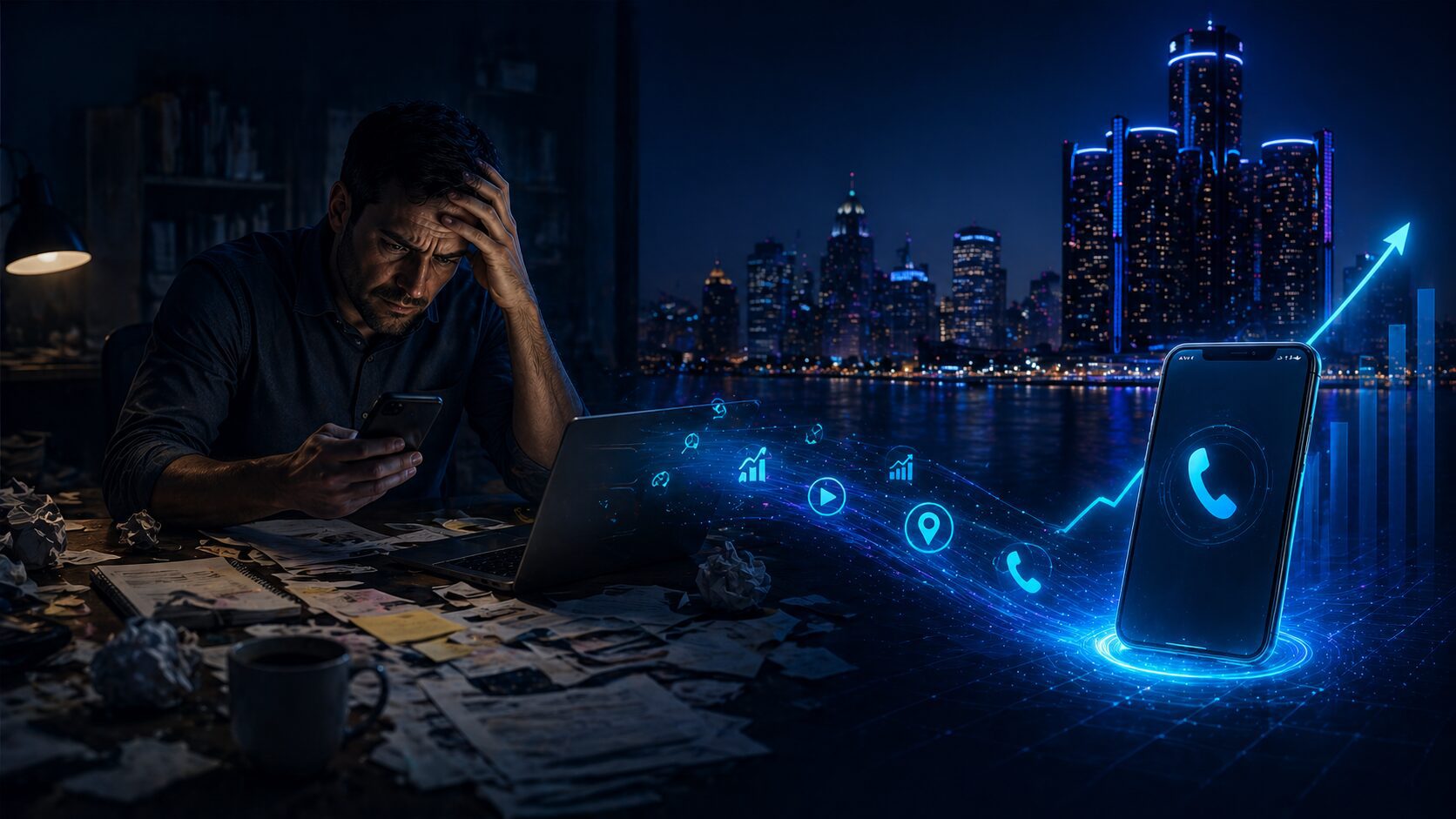 Detroit service business owner working late on digital marketing alone showing the overwhelm of doing it all themselves