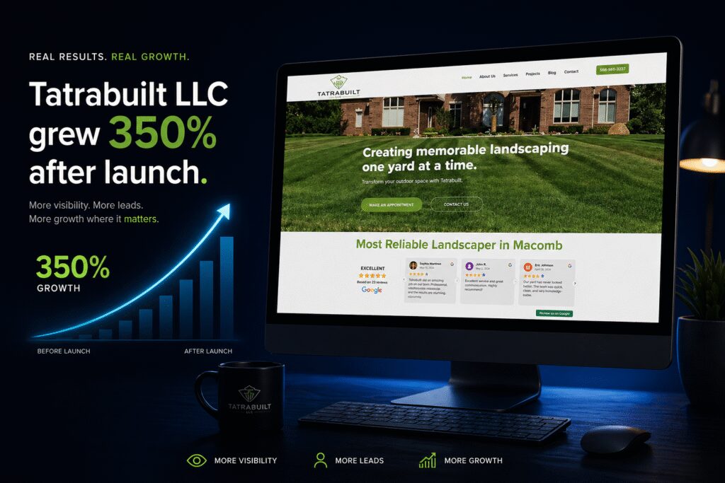 Detroit service business grew over 350% after new website design with Agile Solutions local team in Washington Township Michigan