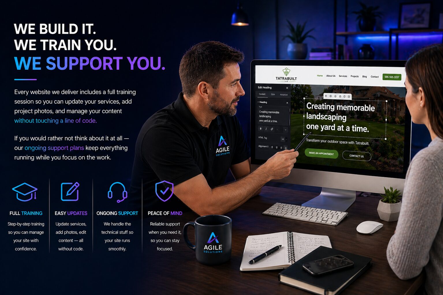 Detroit service business owner reviewing new website design with Agile Solutions local team in Washington Township Michigan