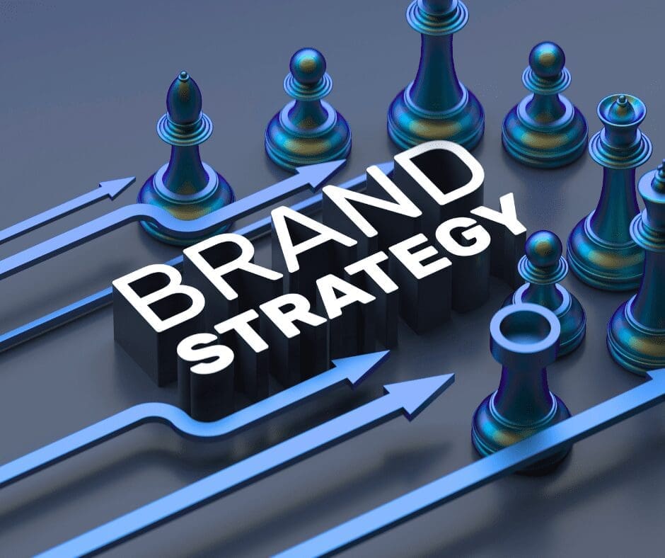 Chess pieces and arrows surrounding the words Brand Strategy, symbolizing Agile Solutions’ strategic approach to building strong, competitive brands for service-based businesses.